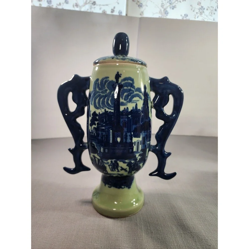 Asian Style Blue & Green Porcelain Lidded Urn Vase Double Handle 11.5”